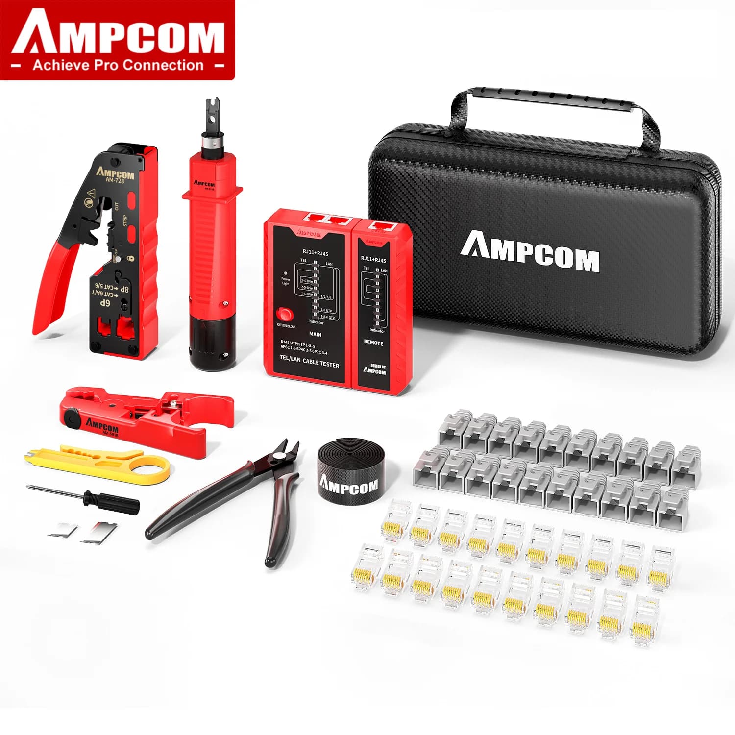 AMPCOM RJ45 Kit di strumenti di rete per crimpatura passante per Cat5e Cat6 Cat7 con crimpatrice di rete/strumento di punzonatura/tester per cavi TEL/LAN
