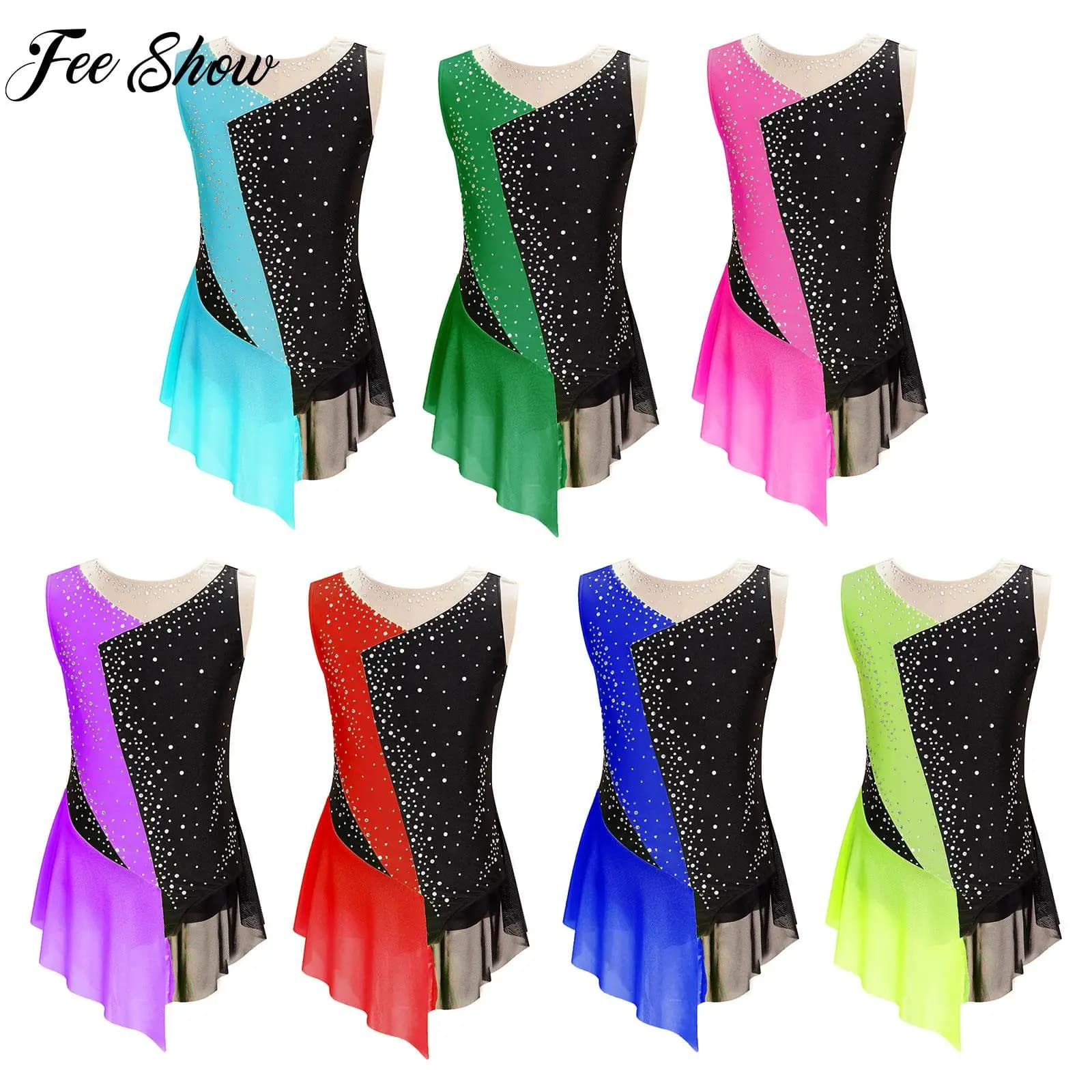 Ginnastica ritmica per bambini Vestito da pattinaggio su ghiaccio per ragazze Strass Maglia senza maniche Balletto Body da ballo Body Dancewear
