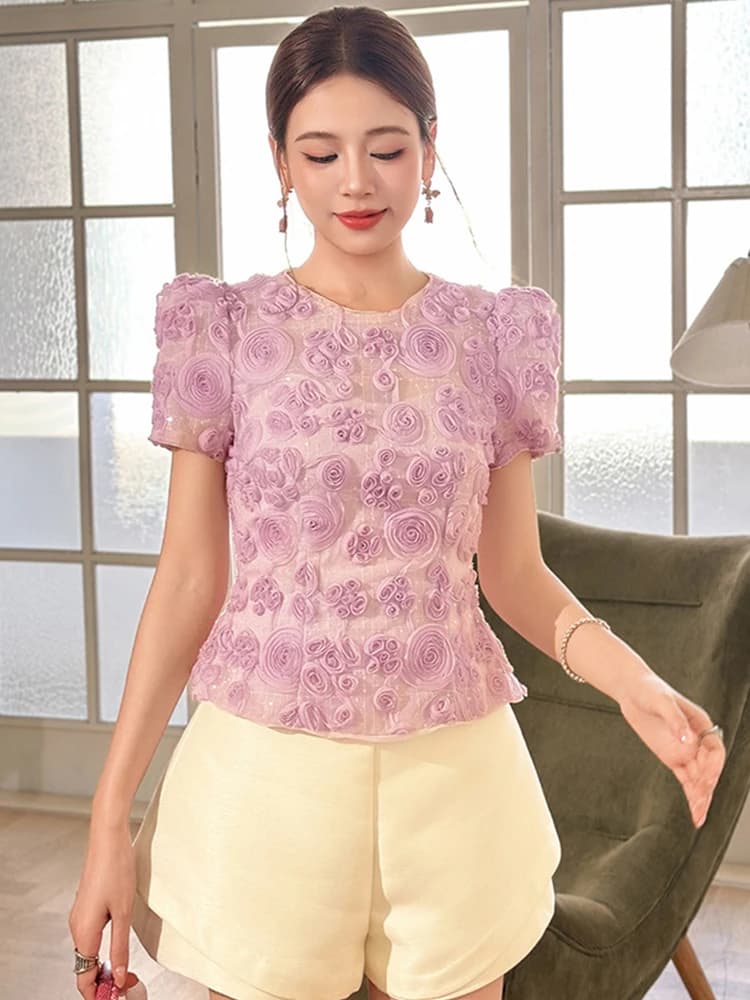 Abbigliamento Donna: Camicia Elegante con Fiori Viola, Manica Corta, Collo Tondo, Top Slim, Blusa con Maniche a Sbuffo in Rete, Moda Estiva