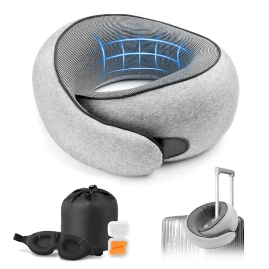 Cuscino da Viaggio per il Collo con 100% Memory Foam Puro a Forma di G, Include Mascherina per Occhi e Tappi per le Orecchie, Design Ergonomico per Aereo, Auto e Viaggi