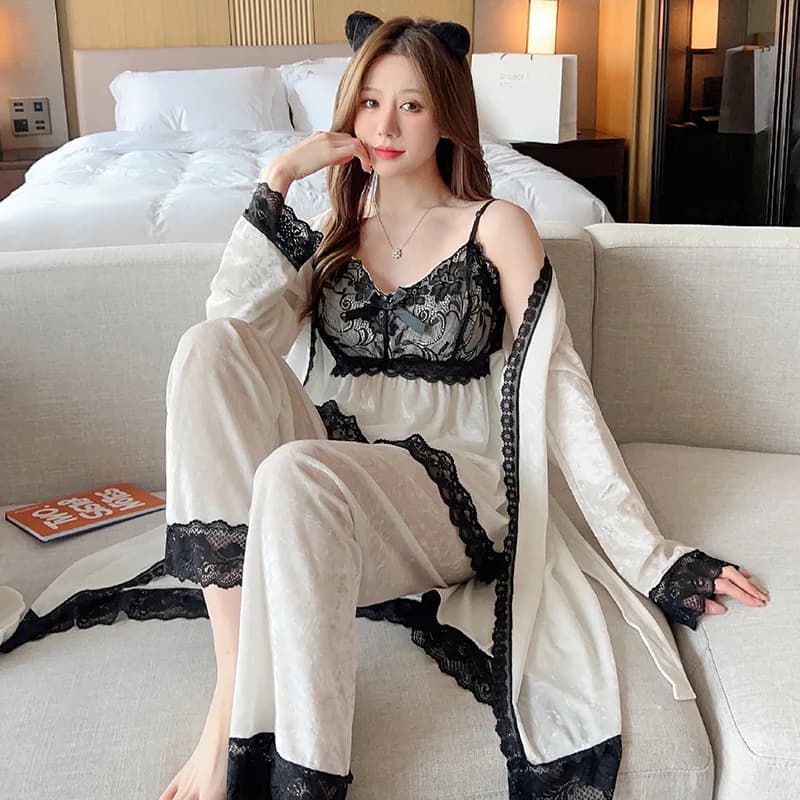 Indumenti da notte in velluto bianco pigiama Patchwork in pizzo Sexy 3 pezzi Cami & Pants & accappatoio Loungewear Warm Women Home Clothes indumenti da notte larghi
