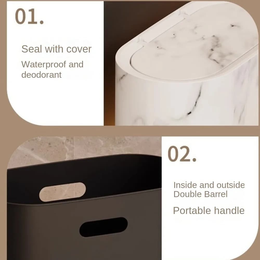 Nuovi Cestini per Rifiuti da Bagno Stretti con Coperchio a Pressione, Cestino per Rifiuti con Texture Marmo per Casa, Interni e Hotel