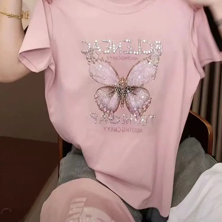 Summer Plus Size Women's New Loose Slimming Hiding Meat Design Butterfly Iron-on Rhinestone Short Sleeve T-shirt