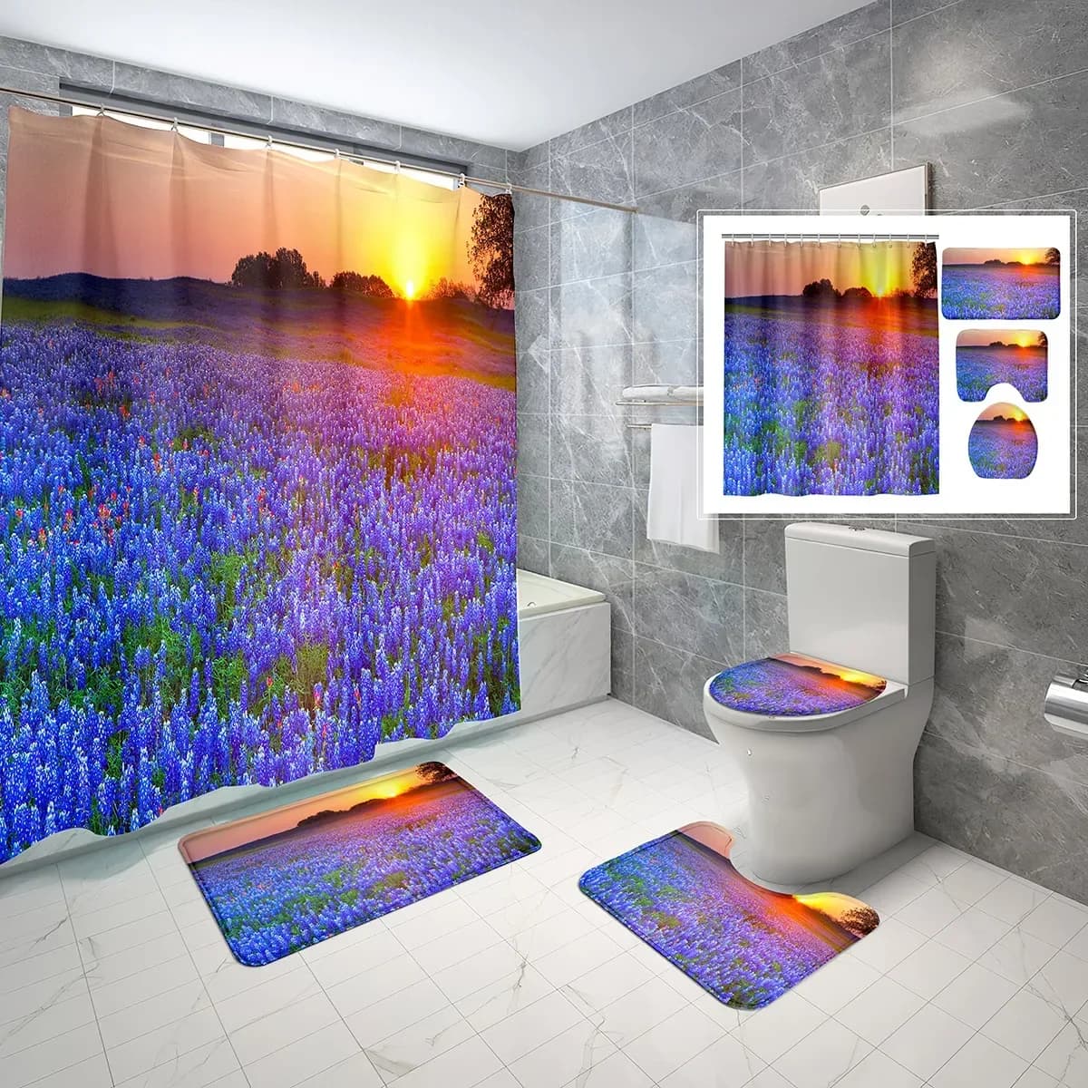Set di tende da doccia con paesaggio di campagna da 4 pezzi, tramonto, cielo, prato, fiori, tappetino da bagno antiscivolo, coperchio per WC, set di tende da doccia impermeabili