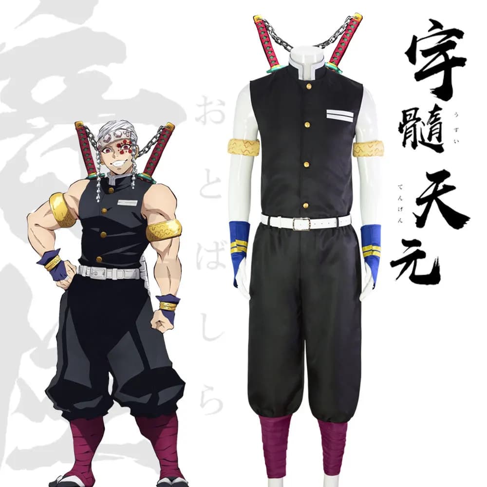 Costume cosplay Uzui Tengen da donna, set completo con fascia da polso, ghette per la festa di Halloween, uniforme della squadra nera