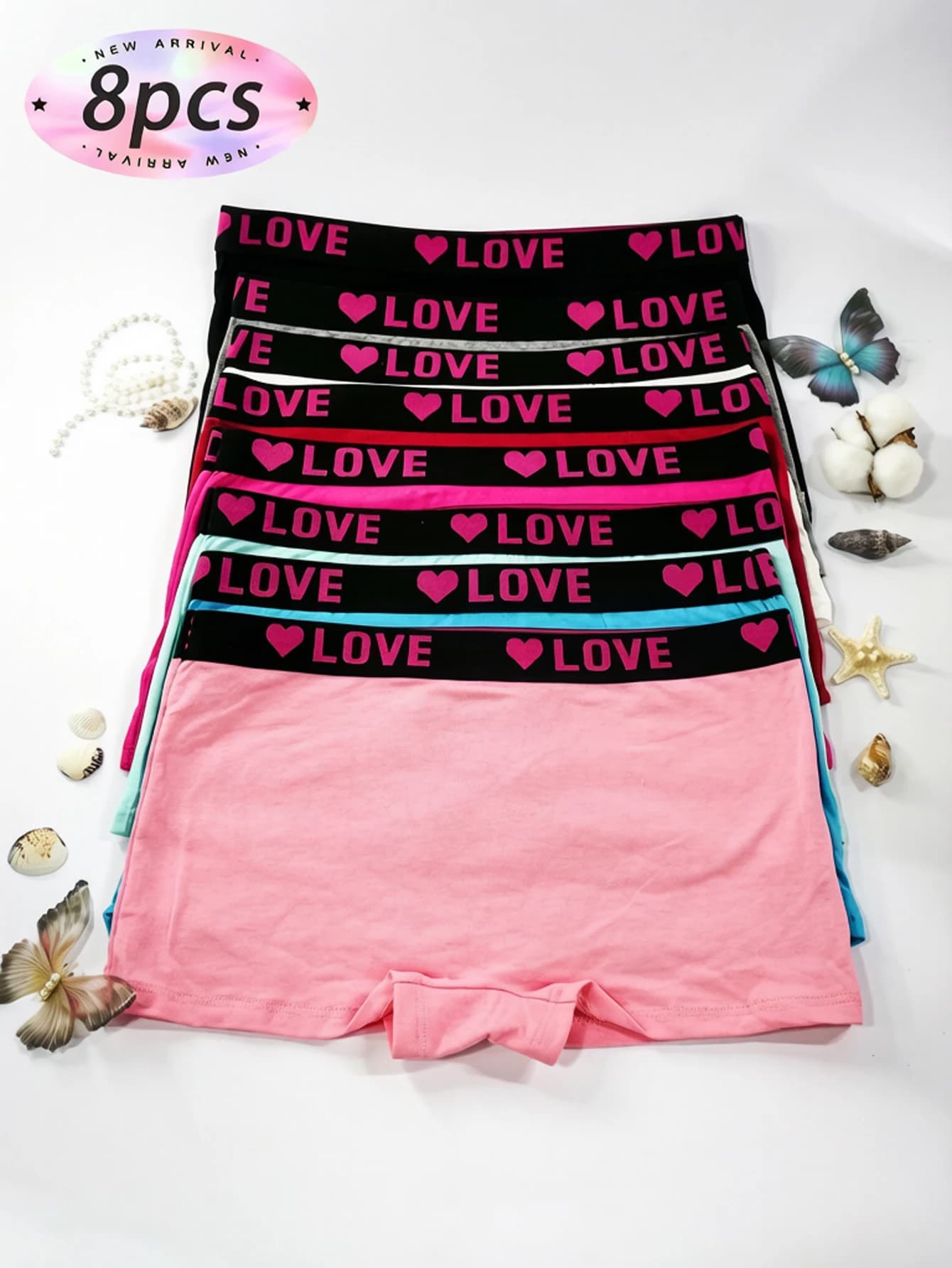 8-Pack Cotton Boxer Briefs: Loose-fit elastic waistband, featuring a mixed-color design with letter and heart patterns underwear for women