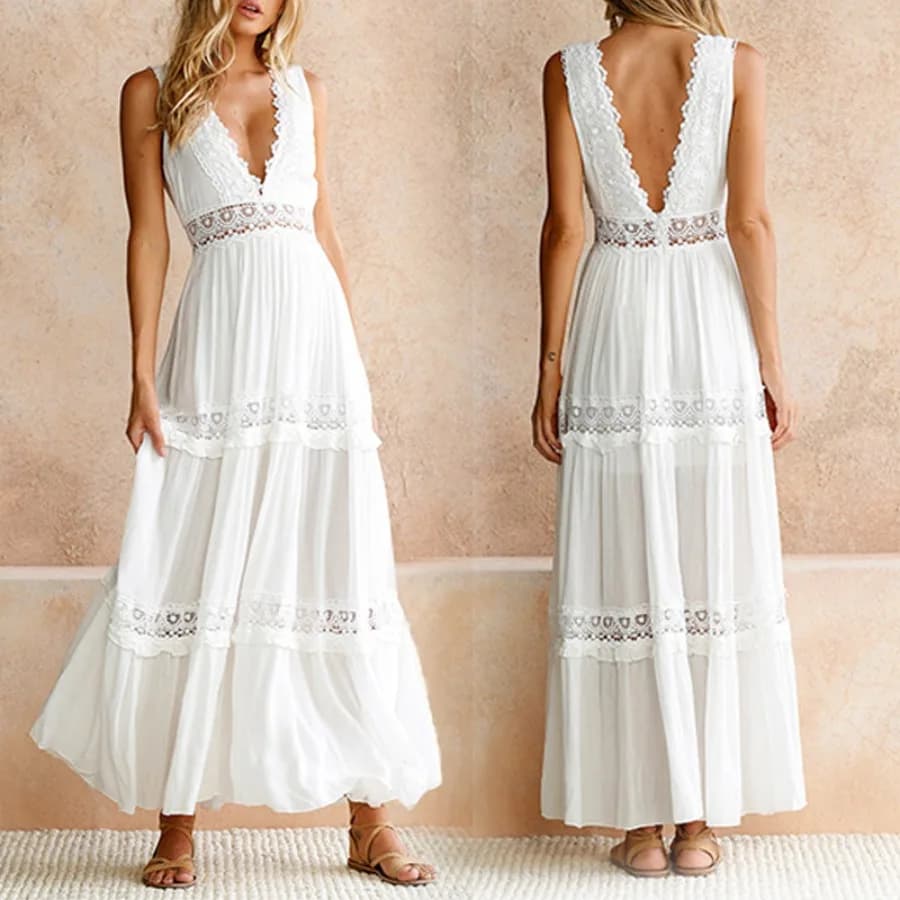 【Nuovo stile】Nuovo abito elegante in pizzo con scollo a V, stile casual, in pizzo, a vita media, con scollo a V, di media lunghezza