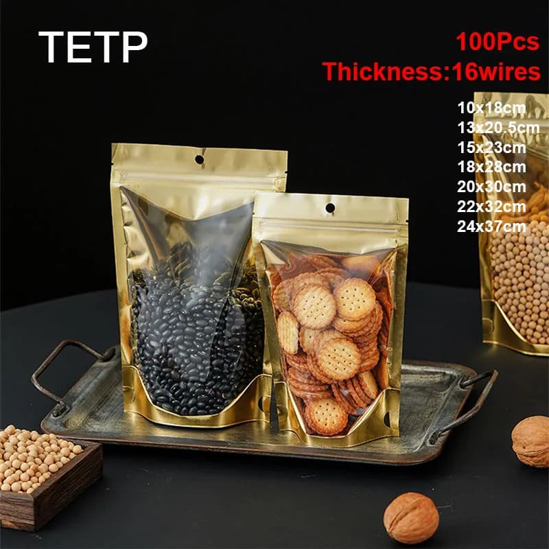 TETP 100 Pezzi Sacchetti Dorati per Snack, Confezioni Sigillate in Alluminio per Dolci Fatti in Casa, Marshmallow e Frutta Secca