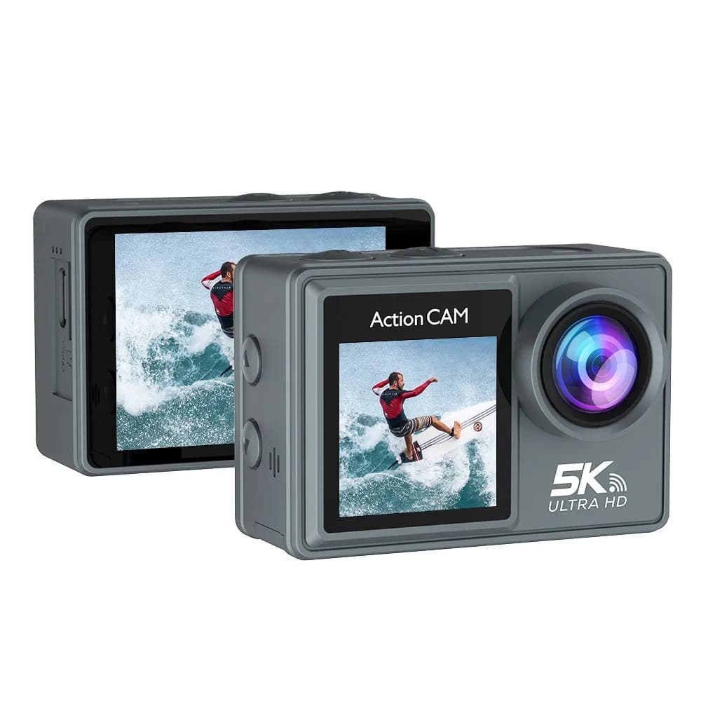 New Action Camera High Resolution with AI Stabilization, Pre-Regulation 5K, Double HD Screen, Wi-Fi, 170° angle of view, CMOS Waterproof for Exterior