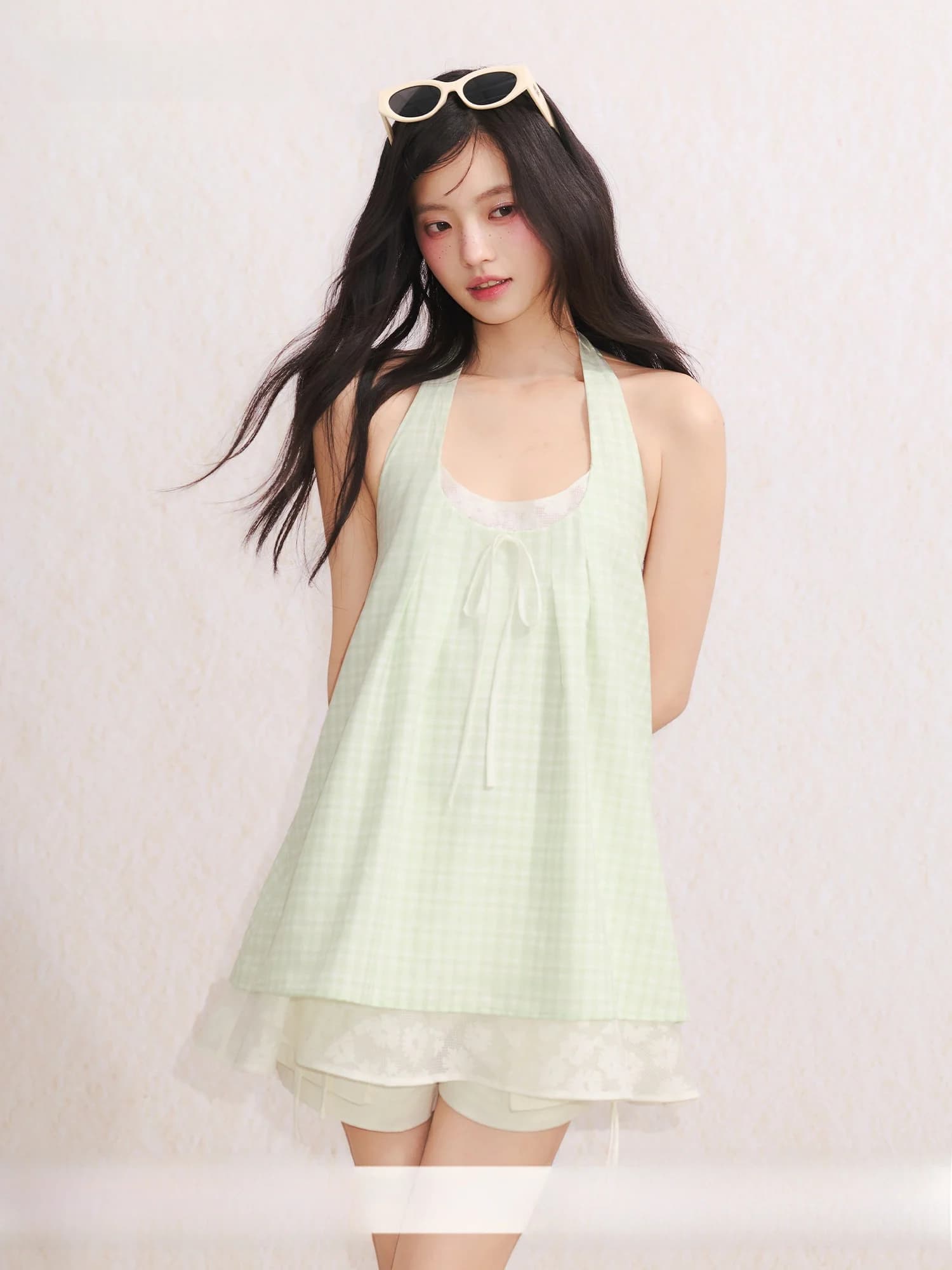 Sweet Summer Umoumo Printed Top with Bow Knot Slimming Neckline Fake Two-Piece Design Polyester Fiber Women's Vest Blouse