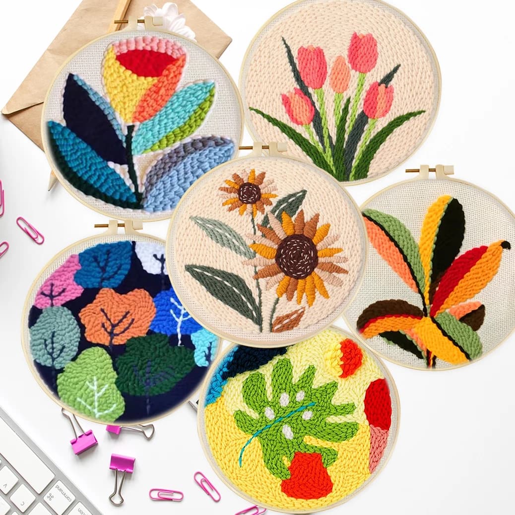 DIY Punch Needle Embroidery Kit with Yarn Floral Pattern Starter Kit Magic Tufting Set Poking Cross Stitch Tools For Knitting