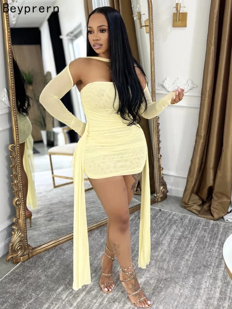 Beyprern Women's Sexy Strapless Mesh Mini Dress with Gloves Bodycon Ruched Club Outfits Backless Sheer Tassel Streetwear