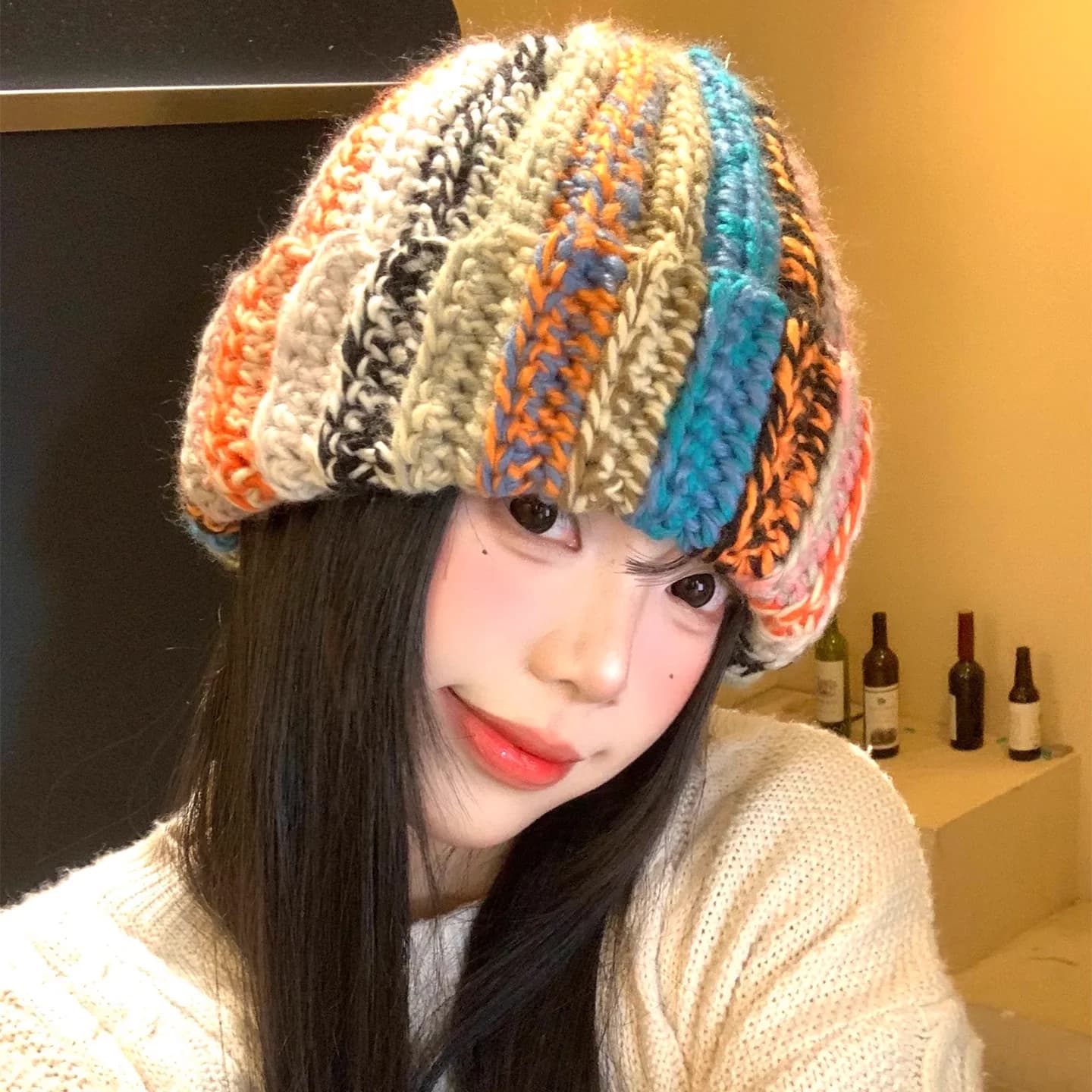 Color Striped Knitted Wool Hat Women Autumn Winter Warm Pullover Beanie Cap Plain Face Versatile Face Small Cold Stacking Hat