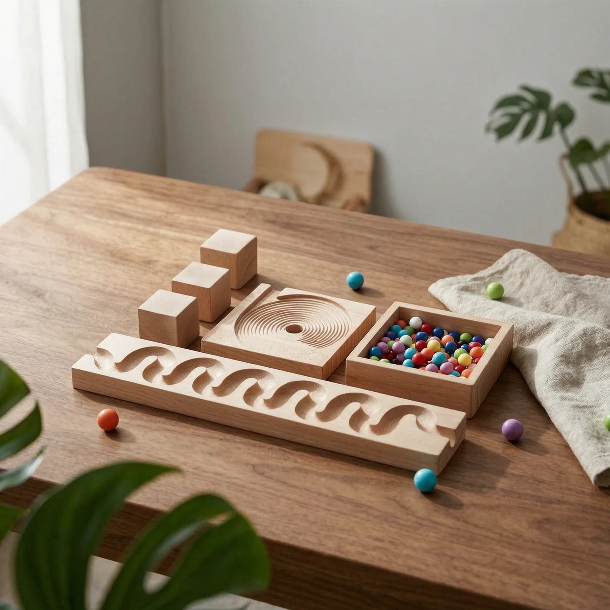 Marble Run with Wooden Blocks Natural Wooden Marble Run Set Sensory Safe for Preschoolers, Child-Centered School, Playroom