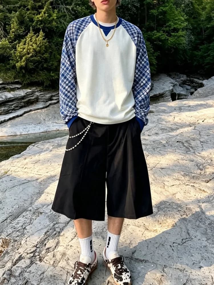 Y2K Korean Fresh Check Raglan Tee White Waffle Body Plaid Sleeve Loose Long Sleeve Blouse