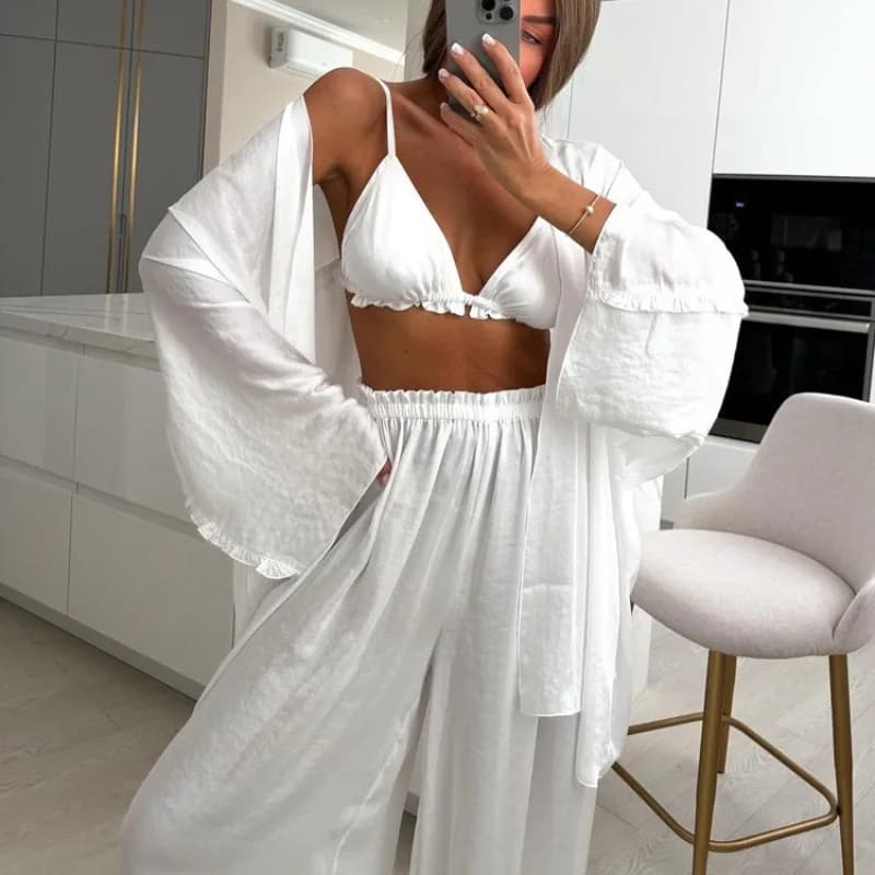 Abito da ragazza sexy Spice Girl Gilet da donna con fionda a foglia di loto Cardigan a maniche lunghe Top Pantaloni larghi a gamba larga Set da tre pezzi