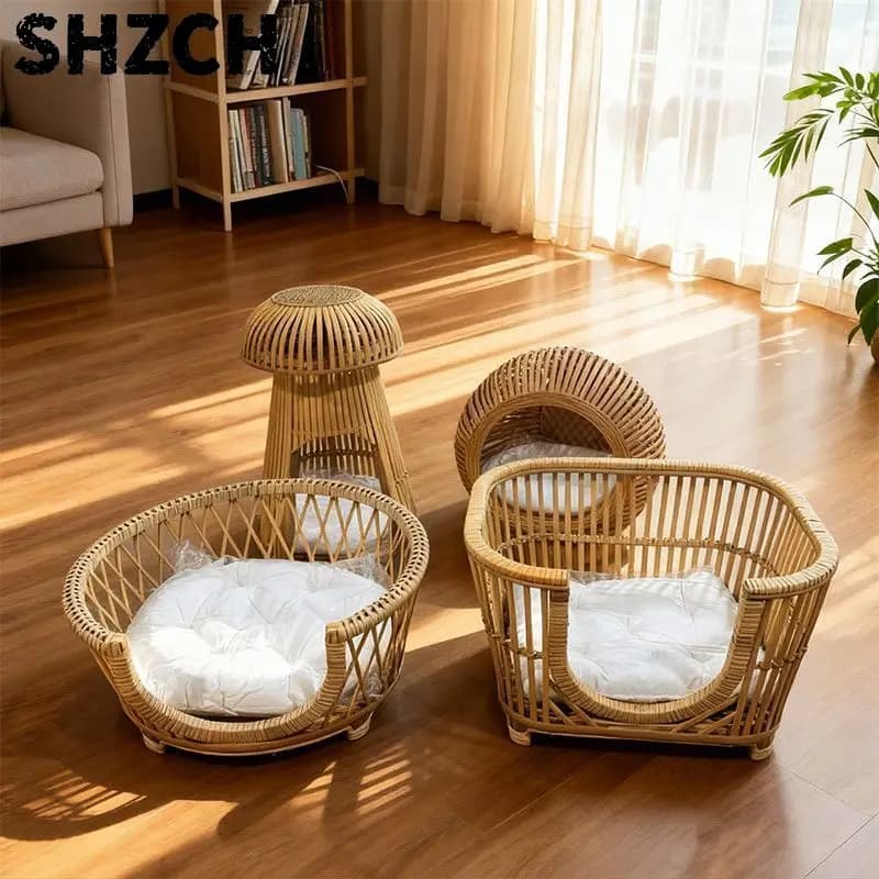 Natural bamboo woven cat bed universal all seasons breathable rattan pet dog litter household with cushions clearance models
