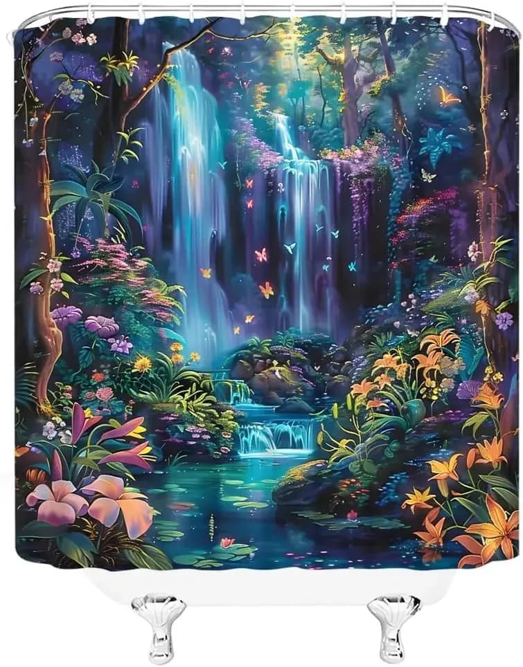 Fairy Tale World Forest Waterfall Shower Curtain Fantasy Jungle Tropical Bathroom Polyester Woven Shower Curtain