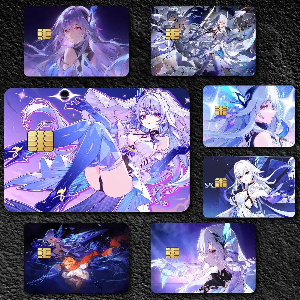 Gioco Genshin Impact Skirk Pellicola Cover Pelle Adesivi per carte di credito 4 pezzi Decorazione frontale di debito Passaggio per autobus bancario Impermeabile