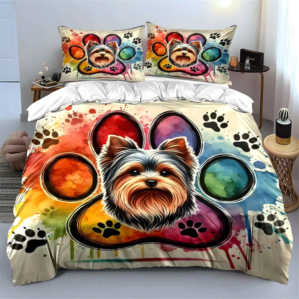 Set di biancheria da letto colorato con stampa di zampa di cane, morbido e delicato sulla pelle, include 1 copripiumino e 2 federe, regalo