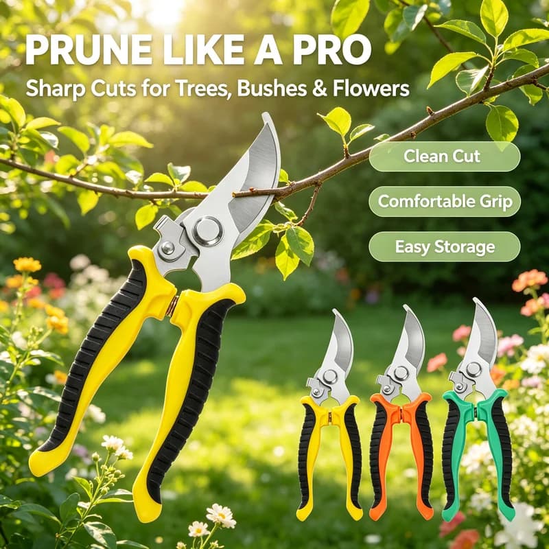 Professional Pruning Shears, Heavy Duty Garden Bypass Pruner with Stainless Steel Curved Blade, Non-Slip Ergonomic Handle, Labor