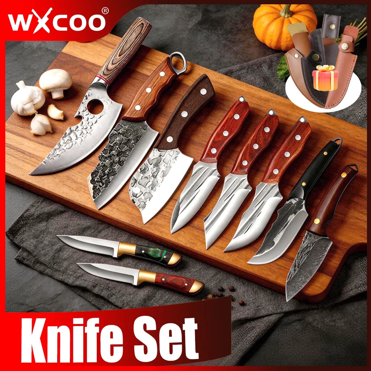 Set di Coltelli da Cucina Forgiati a Mano, Coltello da Disosso Professionale, Coltello da Chef, Coltello da Macellaio, Mannaia in Acciaio Inossidabile, Utensili da Cucina