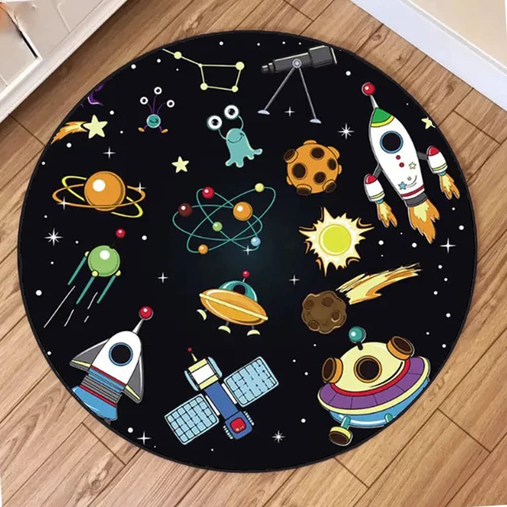 Collezione di tappeti rotondi spaziali per bambini Cartoon Planet Rocket Alien Pattern Tappeto educativo per l'arredamento della camera dei bambini