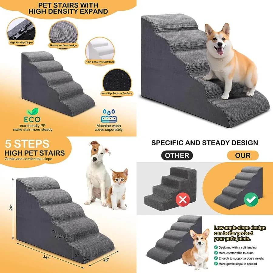 Scale per Cani per Letto, Divano e Letti Alti, Scale Antiscivolo per Animali Domestici, Rampa in Schiuma da 24 Pollici - Ideale per Piccoli Animali, Gatti Anziani