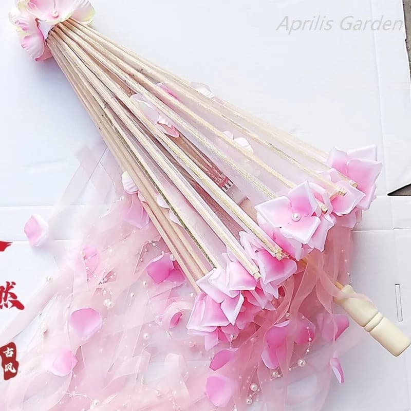 Ancient Hanfu Ribbon Pink Flower Parasol Clear Chinese Lace Umbrella Cosplay Props Fairy Pearl Flower Women Paraguas