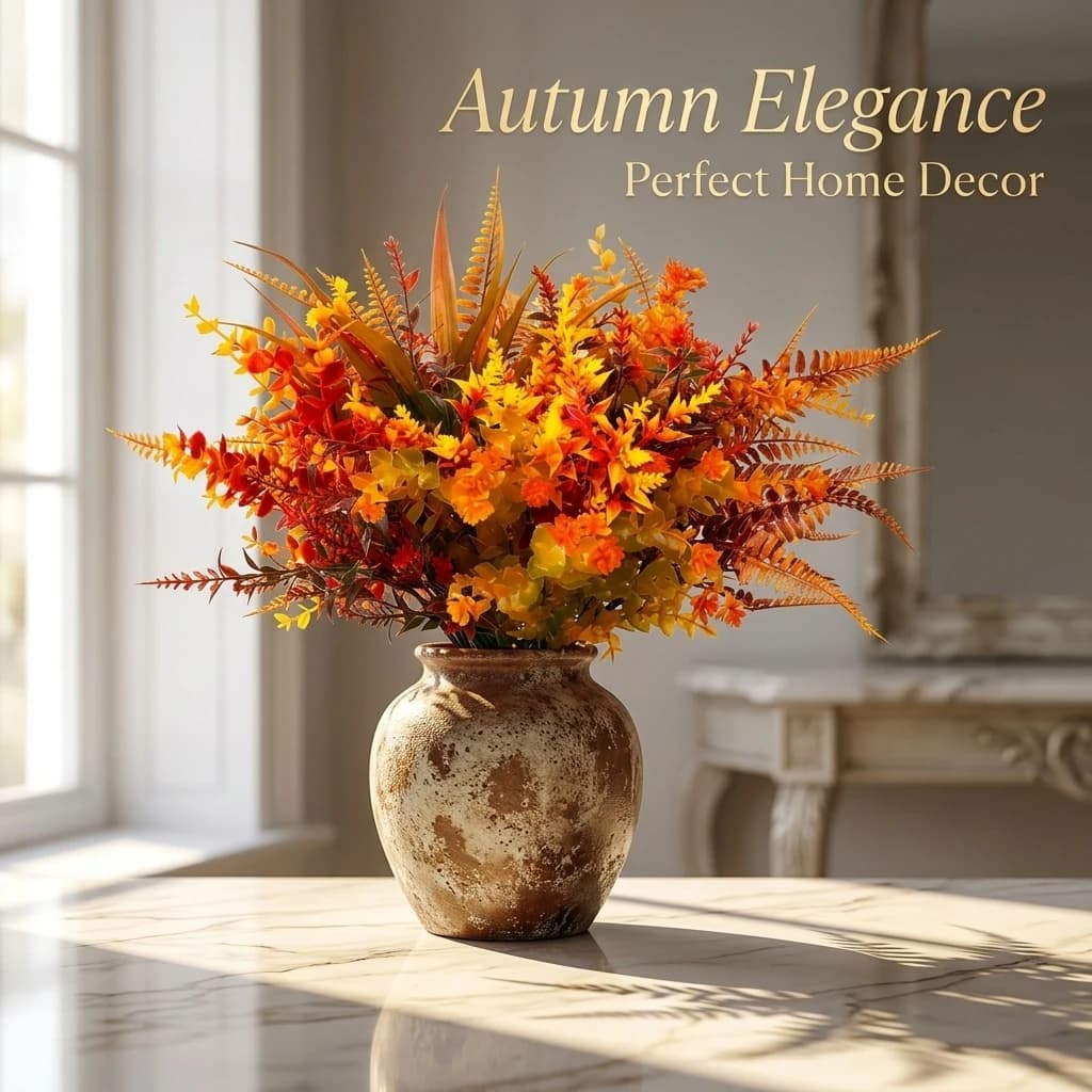 Composizione Floreale Artificiale Autunnale, Bouquet di Piante Finte Arancioni e Gialle, Decorazione da Tavolo per Casa, Feste, Patio e Giardino