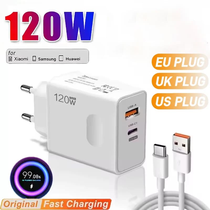 Caricabatterie Super Veloce 120W con Cavo 6A USB Type-C GaN, Ricarica Rapida 5.0, Adattatore per Telefono EU/US/UK Android 2026