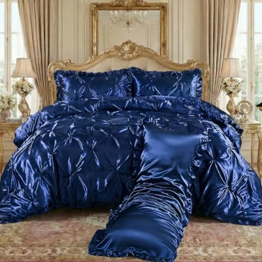 Set Copripiumino in Raso con Pieghe a Pizzico, Set Biancheria da Letto Effetto Seta, Set Copripiumino Arricciato 4 Pezzi con Federa in Raso Arricciato