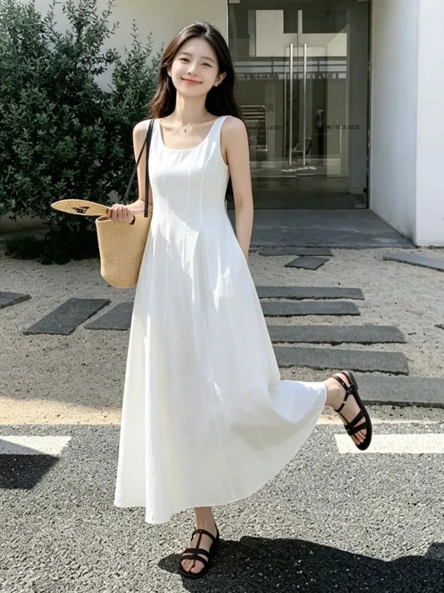 Korean Minimalist Sleeveless Vest Dress Women Summer Waist Cinching Slimming Fairy Skirt Draping Long A-Line Midi Dress