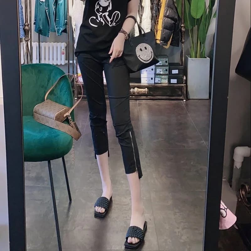 Pantaloni a vita alta sottili da donna, estivi, casual, neri, elasticizzati, slim fit, con cerniera, orlo irregolare, leggings larghi, capo esterno