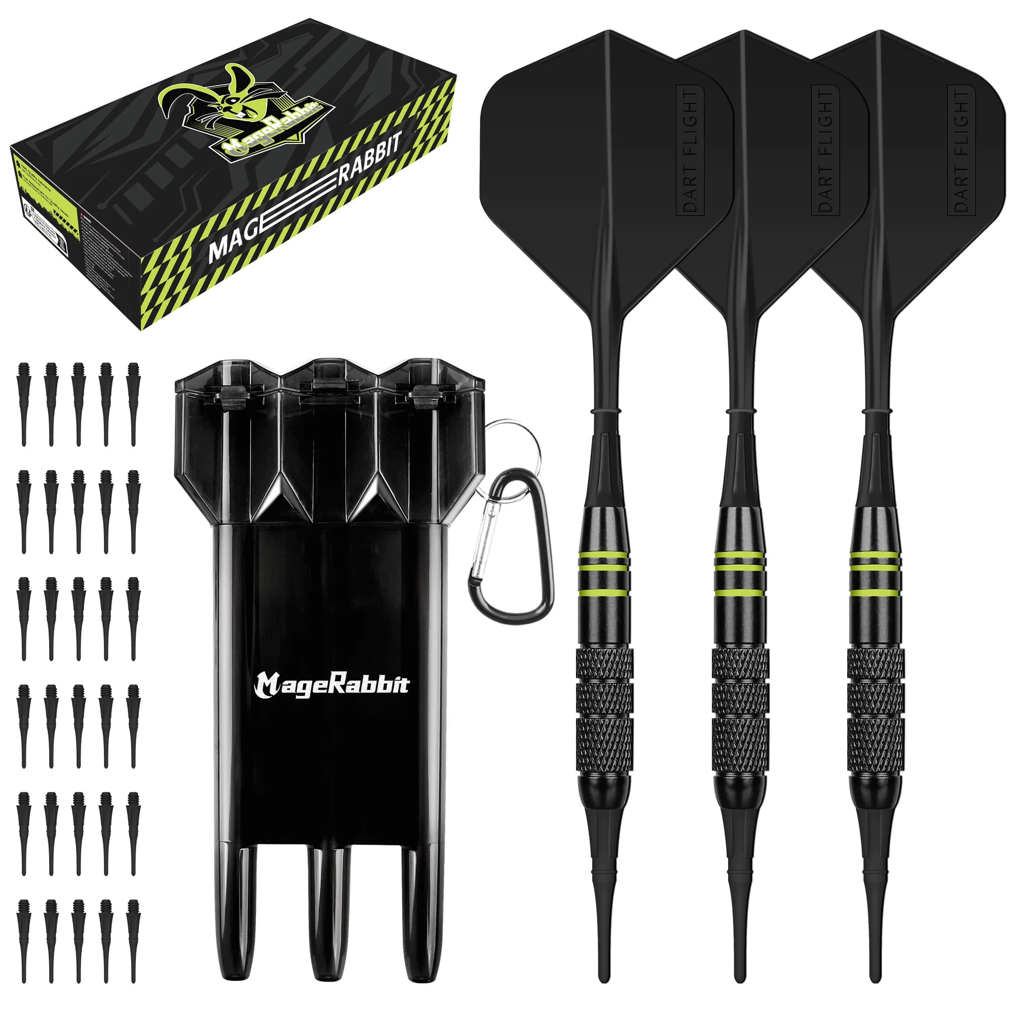 Set di freccette MageRabbit Premium: punta morbida da 18 g, botti in ottone, 30 voli modellati, include 30 punti per freccette morbidi e scatola per freccette