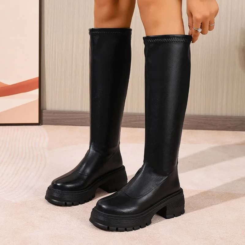 Fashion Platform Knee High Boots for Women Chunky Heel Punk Black Combat Boots Woman Thick Sole PU Leather Long Botas Mujer 2026