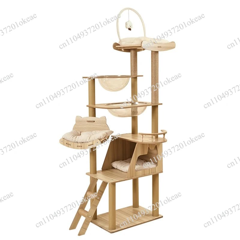 Tall Wooden Cat Tree Tower with Cat Condo & Plush Top Perch for Indoor Cats