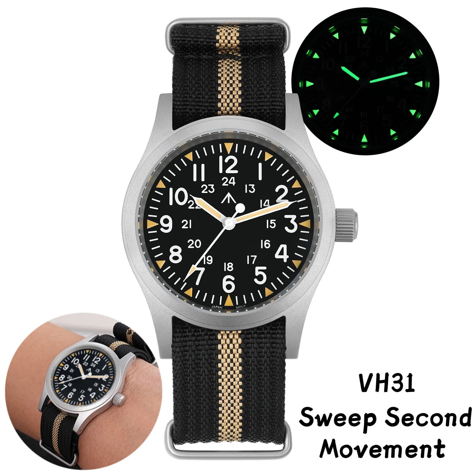 Militado ML05 Orologio vintage VH31 Sweep Secondo movimento Vetro zaffiro bombolato con rivestimento AR ad alta trasparenza Orologi luminosi da 38 mm