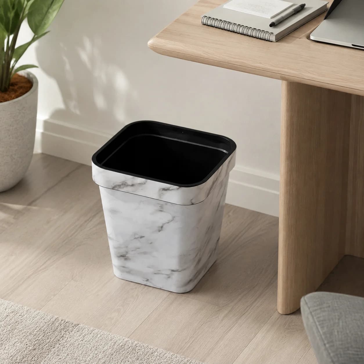 Modern Marble Pattern Garbage Bin 12L, Square Waste Basket with Press‑Ring Design for Home Office Dorm