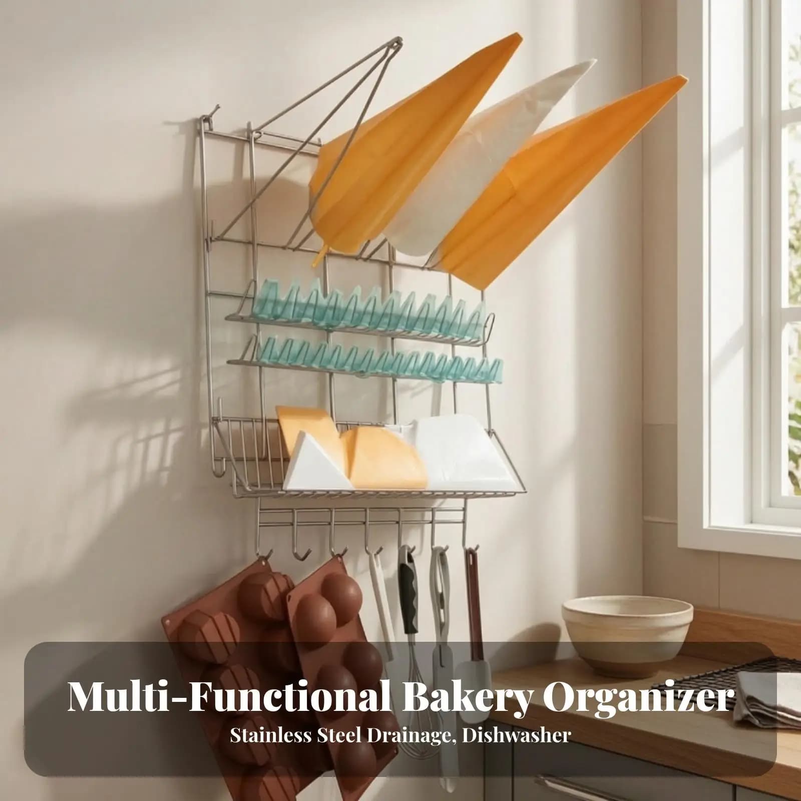 Stainless Steel Industrial Rack Wall Mounted Pastry Bag Drying Rack with Slotted Area and Hooks for Bakery Kitchen Organizer