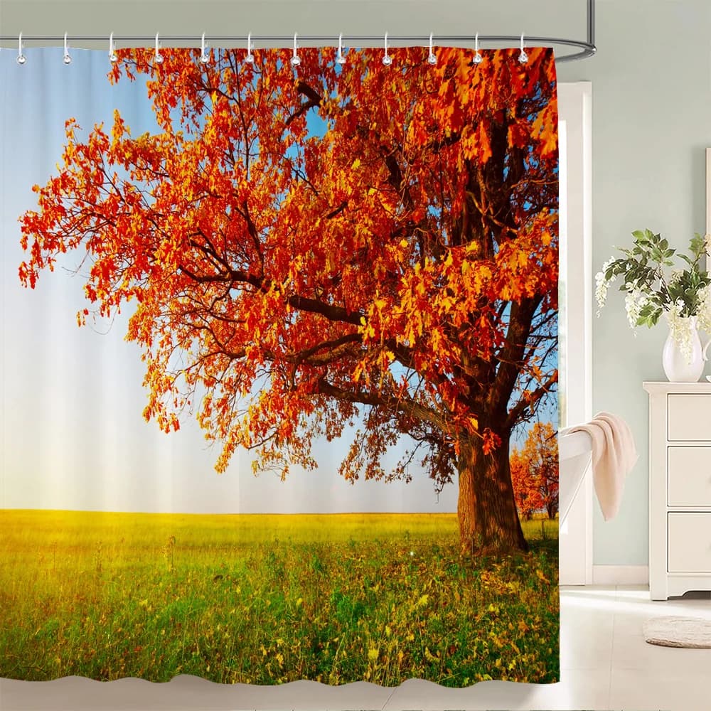 Tende da doccia in tessuto stampato con scenario forestale Foglie autunnali Foglie di albero Schermo da bagno Prodotti impermeabili Decorazioni per il bagno con ganci