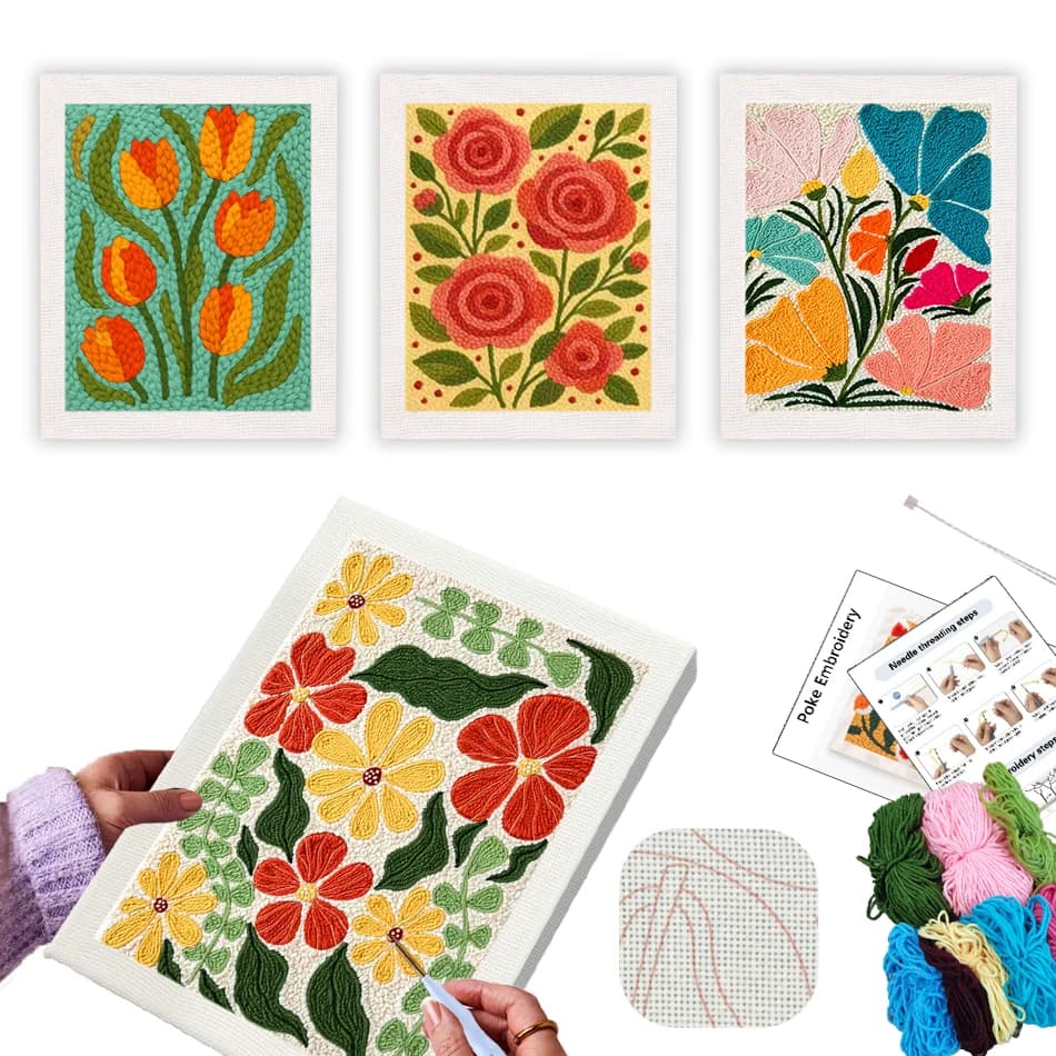 GATYZTORY Telaio per ricamo punch needle 25x30cm con fiori, Accessori per cucito, Kit per ricamo a punto croce, Set fai da te, Regalo artigianale, Decorazioni per la casa