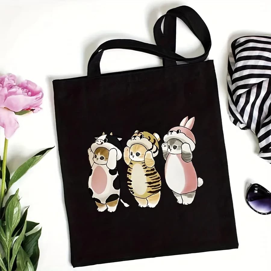Borsa in tela con stampa simpatico gatto Design divertente per gli amanti degli alimenti Borsa riutilizzabile durevole per lavoro, scuola e borsa per il trasporto quotidiano per le donne