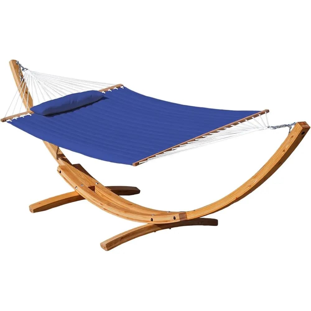 Amaca in tessuto trapuntato a doppio strato con supporto ad arco in legno naturale, barra distanziatrice, cuscino rimovibile, per 2 persone, da esterno, 450 libbre