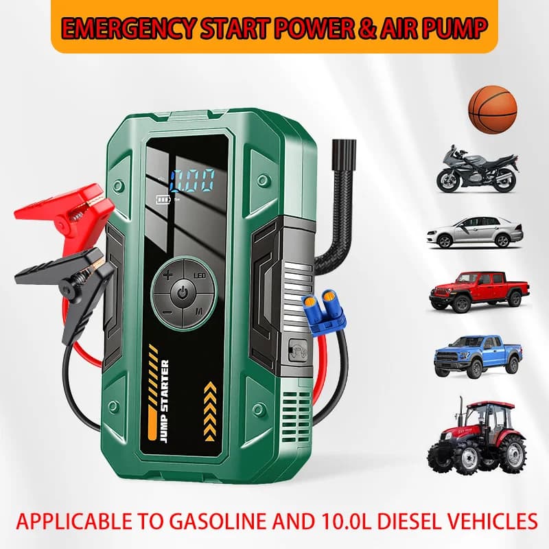 Avviatore d'Emergenza per Auto 12V con Pompa d'Aria, Luce LED e Porte USB, Dispositivo Tutto-in-Uno Portatile per Avviamento Auto