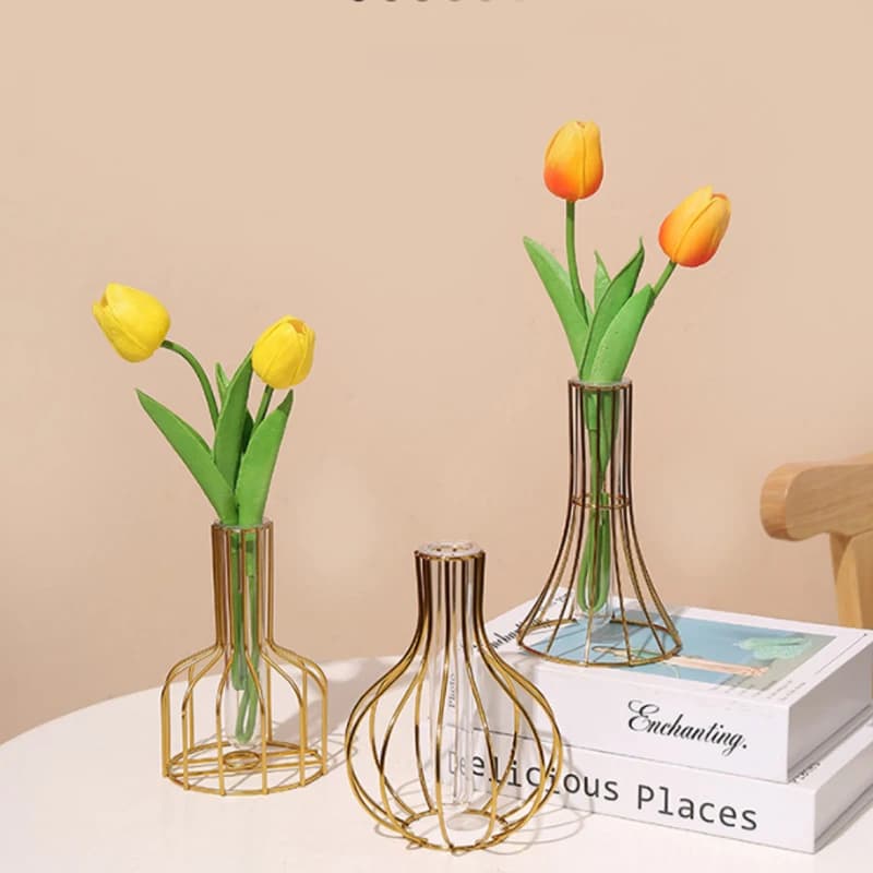 Vaso in vetro dorato in ferro da tavolo Decorazione del soggiorno Vaso trasparente Disposizione dei fiori Vaso idroponico Decorazione della casa