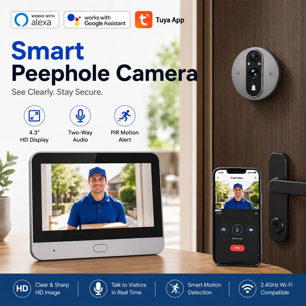 5MP Door Peephole Camera 4.3 Inch Screen Tuya Battery-Powered WiFi Smart Home Monitor, PIR Motion Detection Two-Way Talk