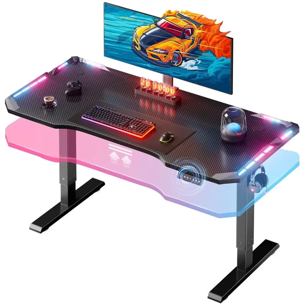 Scrivania da Gaming Regolabile in Altezza con Luci LED, Tavolo Elettrico da 47 Pollici con Gancio per Cuffie, Superficie in Fibra di Carbonio Sit-Sta