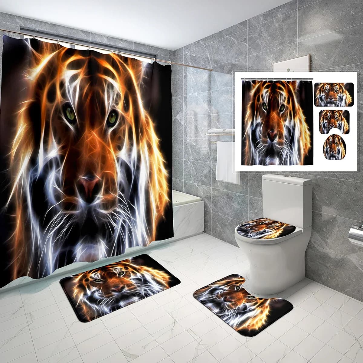 4 pezzi set di tende da doccia tigre cartone animato fantasia creatura creativa tappetino da bagno antiscivolo copriwater set di tende da doccia impermeabili