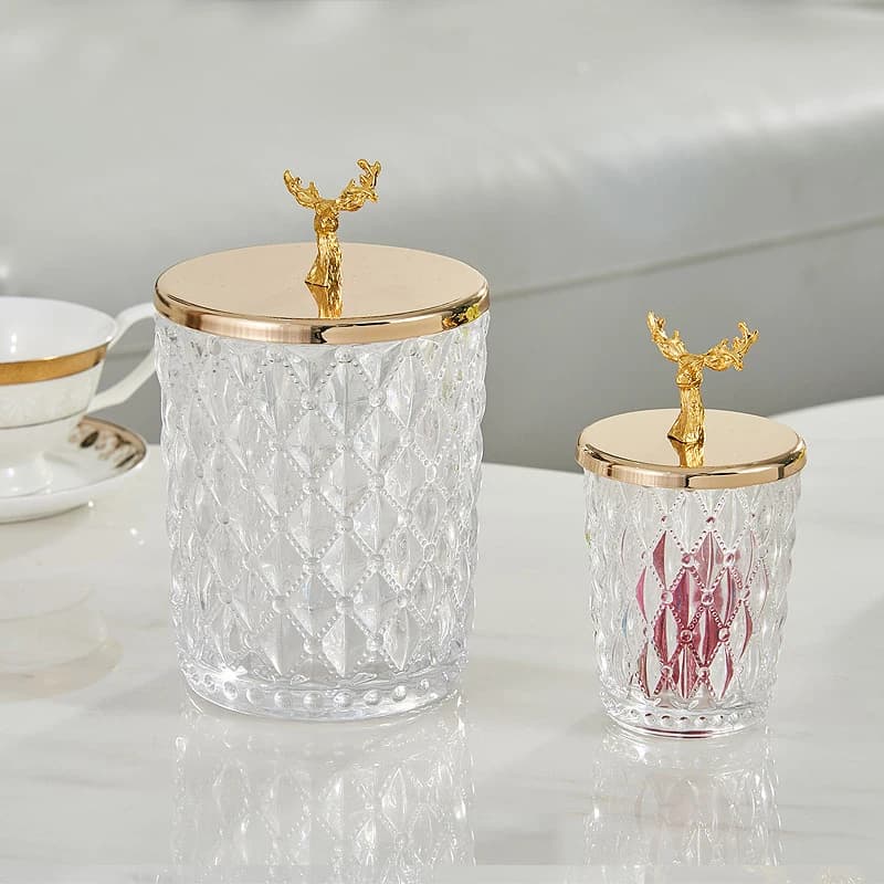 Barattolo decorativo per alimenti con cervo dorato, vaso per caramelle in vetro trasparente con coperchio, barattolo di vetro, barattoli per candele con coperchio all'ingrosso